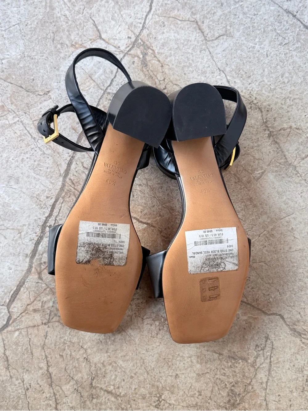 NEW! Valentino Garavani One Stud Black Leather Block Heel Sandals